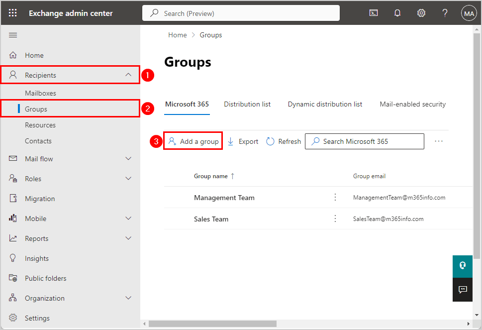 Create a dynamic distribution group in Exchange admin center
