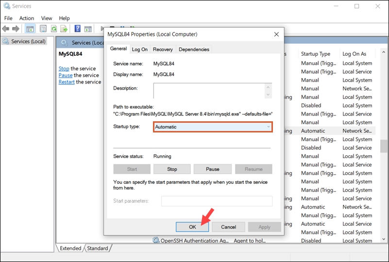 Set MySQL to boot automatically on Windows.