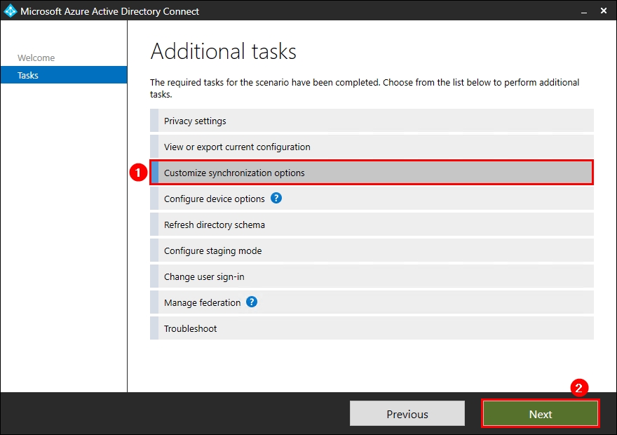 Microsoft Entra Connect Sync customize synchronization options